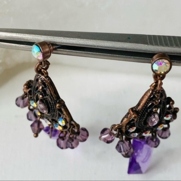 Copper Tone Metal and Purple Crystal Chandelier Earrings - Picture 5 of 8